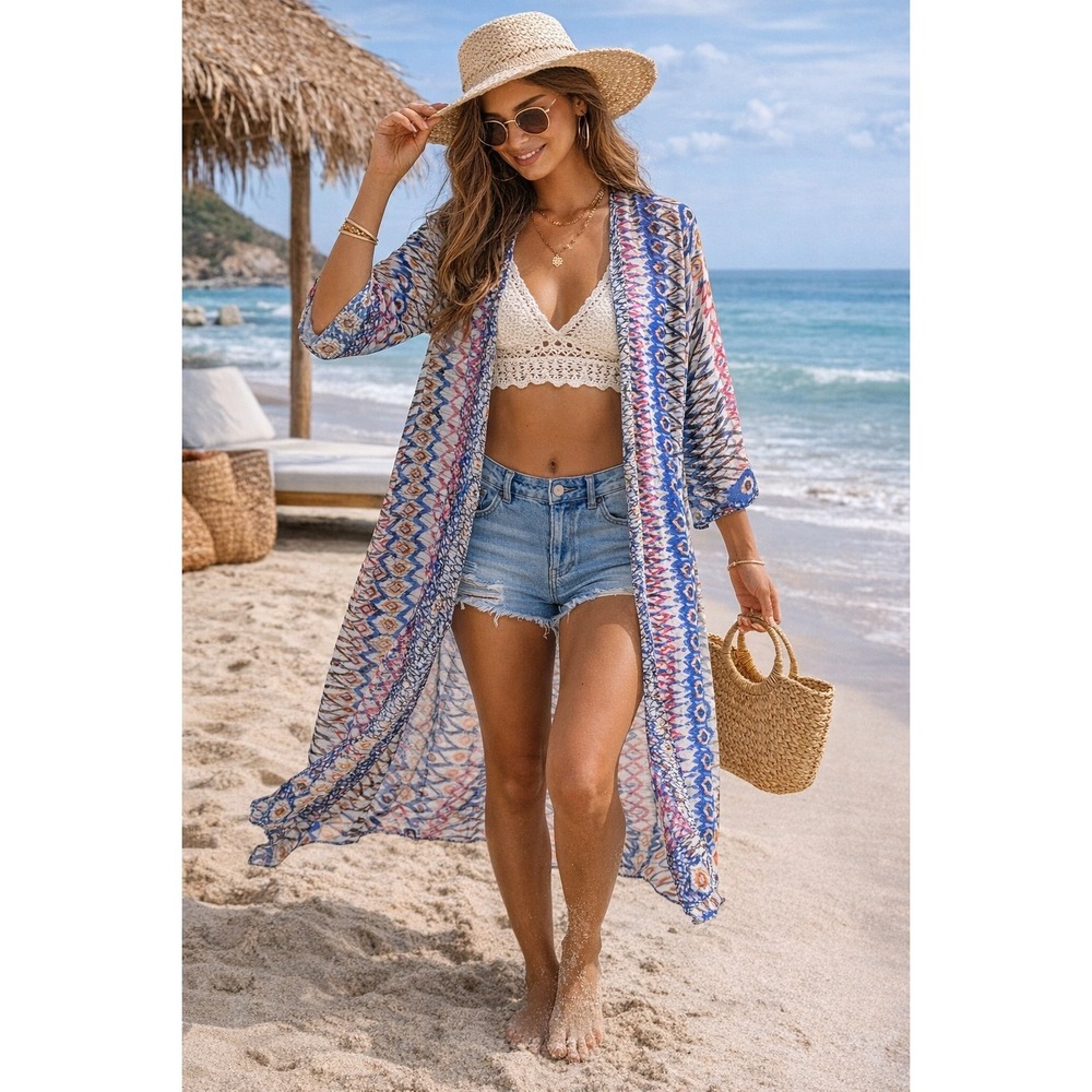 Charlotte Daniel Kimono Cardigan Boho Sheer Duster Blue Pink Print Size M/L